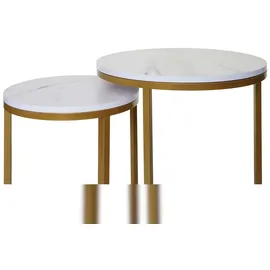 Mendler 2er-Set Beistelltisch HWC-K46, Kaffeetisch Nachttisch Loungetisch, Marmor-Optik MDF ~ weiß-gold