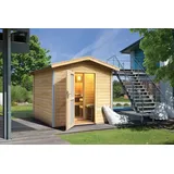 Karibu Bosse 1 - 38 mm Gartensauna mit Vorraum und Satteldach-Ohne Ofen-Milchglas-Saunatür (blickdicht) inkl. 8-teiligem gratis Zubehörpaket (Gesamtwert 191,92€)