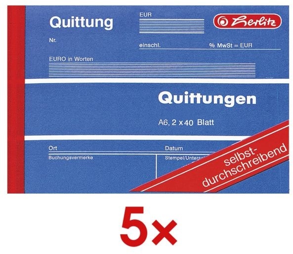 5x Formularbuch »Quittung inkl. MwSt.« gelb, Herlitz, 14.8x10.5 cm