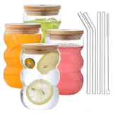 VITEVER Latte Macchiato Gläser Set, 4 Eiskaffee Gläser mit Deckel, Spülmaschinenfest, Bubble Glasbecher 550 ml, Cocktailglas, kostenlose Bürste und Strohhalm