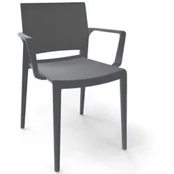 Bakhita“ graue Stühle mit Armlehnen. Stapelbare Möbel für Terrasse, Innen- und Außenbar, Restaurant und Cafeteria.