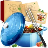 krustenzauber Gusseisen Topf [inkl. Fleischgabel] - Hochwertiger 24cm Schmortopf backofengeeignet - Idealer Bräter mit Deckel Backofengeeignet, Kochtopf Induktion, Emaille Topf, Bratentopf Cast Iron