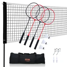 Vevor Badmintonnetz-Set, Badmintonnetz für den Außenbereich im Hinterhof, Strandpark, Badmintonnetz für Erwachsene & Kinder mit Stangen, Tragetasche, 4 Eisenschlägern & 3 Nylon-Federbällen