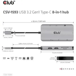 Club 3D 8in1 Hub, USB-C 3.0 [Stecker] (CSV-1593)