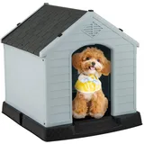 GYMAX Outdoor Hundehütte mit Schrägdach & erhöhtem Boden, Hundehaus aus Kunststoff, Wetterfeste Hundehöhle im Landhausstil (Grau + Schwarz, 72,5 x 66 x 70,5 cm)