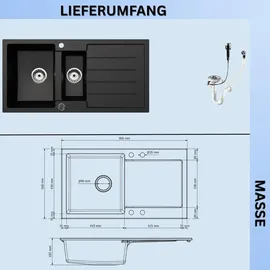 faizee home Granitspüle 100x50 schwarz beidseitig montierbar Einbaugranitspüle Handbetätigung 1000 x 500 mm