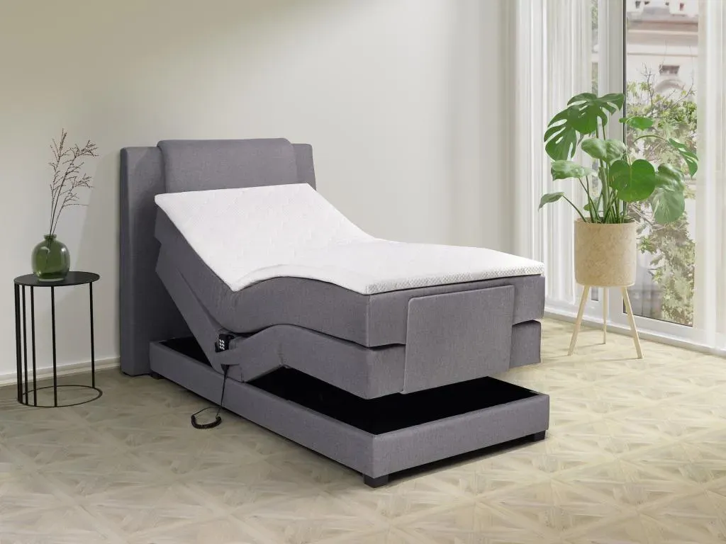 Boxspringbett mit Bettkopfteil + elektrischem Untergestell mit Relaxfunktion + Matratze + Topper - 100 x 200 cm - Stoff - Hellgrau - CASTEL II von PALACIO