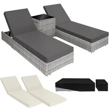 Tectake 2er Set Aluminium Rattan Sonnenliegen, wetterfest und UV-beständig, Tisch mit Staufach, inklusive 2 Bezugssets und Schutzhülle