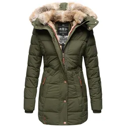 MARIKOO Damen stylischer Wintermantel Steppmantel mit Kunstpelz-Kapuze Lieblings Jacke