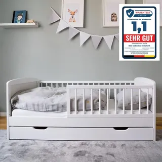 Kids Collective Kinderbett 70x140 cm mit Lattenrost, Schublade und Raufallschutz Vollholz in weiß - 70 x 140 perfekte Größe nach Gitterbett Babybett - Weiß