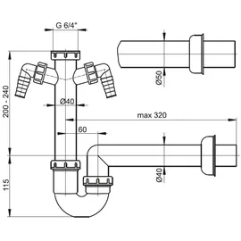 Alcaplast Spülbecken Ablaufgarnitur 1,5'' | mit Röhrensiphon ø40/50mm mit 2 Geräteanschlüssen : DN50 mit 2 Geräteanschlüssen Ausführ... - Weiß