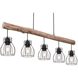 ETC Shop Holz Design Hängeleuchte mit Gitter Lampenschirmen Pendelleuchte mit Holzbalken 5 flammig, Metall schwarz Holz natur, 5x E27 max 40 Watt, Lxbxh 100x13,6x140 cm, Wohnzimmer Esszimmer