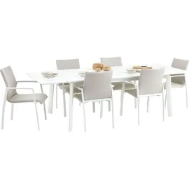 Idimex Gartenmöbel Set VERANO, weiß/beige - mit 6 Stühlen und ausziehbarem Gartentisch, Aluminium und wetterfeste Textilene, stapelbar, strapazierfähi... - Weiß