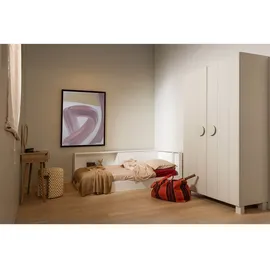 Woood Eckbett Carter aus FSC-Kiefer, modernes Stauraumbett in L-Form, weiß lackiert, 215 x 118 cm