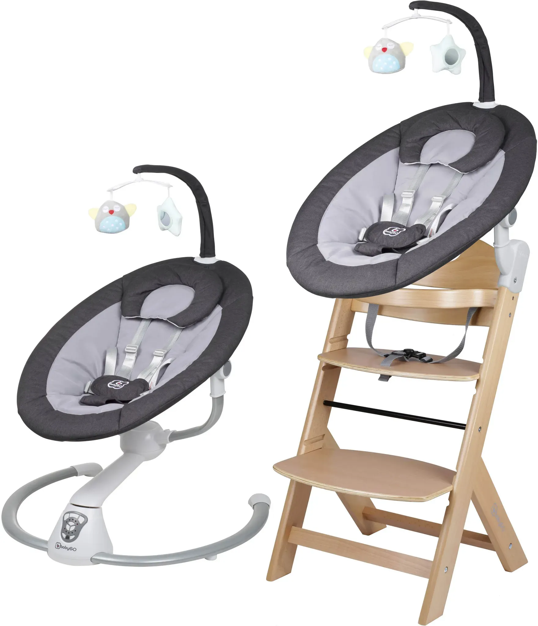 Hochstuhl BABYGO "Family Homey Set, natur/dunkelgrau", Baby, beige (natur, dunkelgrau), Stühle Hochstuhl, mit elektrischer Babywippe inkl. Spielbogen