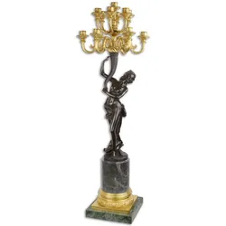 Casa Padrino Barock Kerzenhalter Frau schaut nach links Schwarz / Gold / Grün 37 x 32,4 x H. 108 cm - Prunkvoller 13-flammiger Bronze Kerzenständer mit Marmorsockel