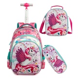 HTgroce 17inch Trolley Rucksack mit Rollen für Kinder Mädchen mit 2 Rollen für Schulrucksäcke Kinder mit Essensbeutel und Federmäppchen- Süße Geschenke für Mädchen.