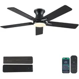 Kviflon 132CM Flachbau-Deckenventilator mit LED-Beleuchtung und Fernbedienung, Schwarz - Leiser reversierbarer Motor, Moderner Einbau-Deckenventilator für Schlafzimmer