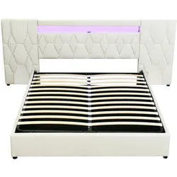 Merax Polsterbett, LED hydraulisches Doppelbett 160x200cm große Rückenlehne USB-Aufladen, Beige