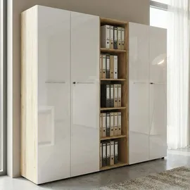 KADIMA DESIGN Büro-Set MUENCHEN 3-teilig 240cm breit Glasfront 2 Schrank Abschließbar & Regal Chalet-Eiche-Nb./Weiß