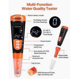 Vevor TDS-Messgerät, Messbereich 0–9990 ppm, EC/TDS-Mehrparametermessung, Digitales Wassermessgerät mit Automatischer Zeitregelung, Übersichtliches VA-Display, für Trinkwasserqualitätsprüfung