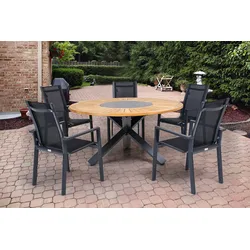 OUTFLEXX Garten-Essgruppe, OUTFLEXX® anthrazit matt, Alu / Teak / Textil, Esstisch √ò 150 cm, 5 Stapelsessel