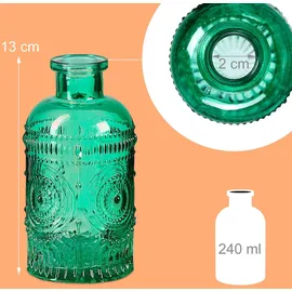 Relaxdays Glasvase, 12er Set, Deko-Vase, geprägtes Vintage-Design, HD: 13x6 cm, Mini-Vasen für Tischdeko, Glas, grün