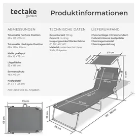 Tectake tectake® Gartenliege, klappbar, 4-fach verstellbare Rückenlehne mit Kopfpolster, 190 x 68 x 65 cm