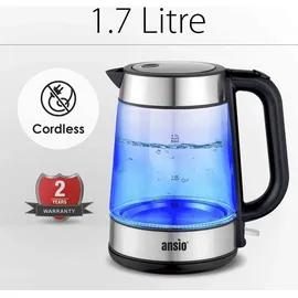 ANSIO Wasserkocher Liter mit LED-Beleuchtung Sockel, Abschaltautomatik, Schnellkochfunktion Wasserstandsanzeige beleuchtet BPA Frei (Klar Glas, 1.7 2200W Edelstahl BPA-Frei