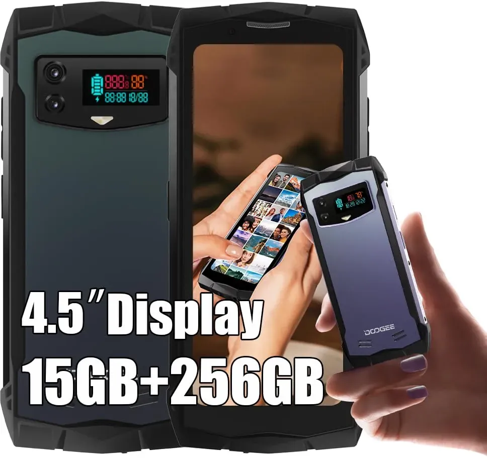 DOOGEE Smini 4G Outdoor Smartphone Ohne Vertrag, Helio G99 Octa Core 15GB + 256GB, 4.5 Zoll, 3000mAh Akku / 18W, 50MP Kamera + 8MP, Android 13, NFC Simlockfreie Handys Gesicht Fingerabdruck ID Schwarz