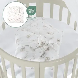 Waldin Mobiles Babybett OWAL aus Holz 7in1 mit Matratze, mitwachsend,Stoffe Weiß Löwenzahn,Holz olive - Olive