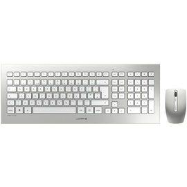 Cherry DW 8000, kabelloses Tastatur- und Maus-Set, UK-Layout (QWERTY), batteriebetrieben, ultraflache Tastatur, 3 Tasten-Maus mit Infrarotsensor, Weiß-Silber