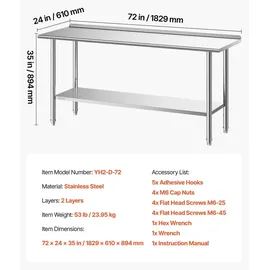 Vevor Edelstahltisch Gastro 1829 x 610 x 894 mm, Verstellbarer Edelstahltisch mit Aufkantung, Arbeitstisch mit Grundboden für Restaurant Schwerlast Obere Ablage (263 kg) Untere Ablage (218 kg)