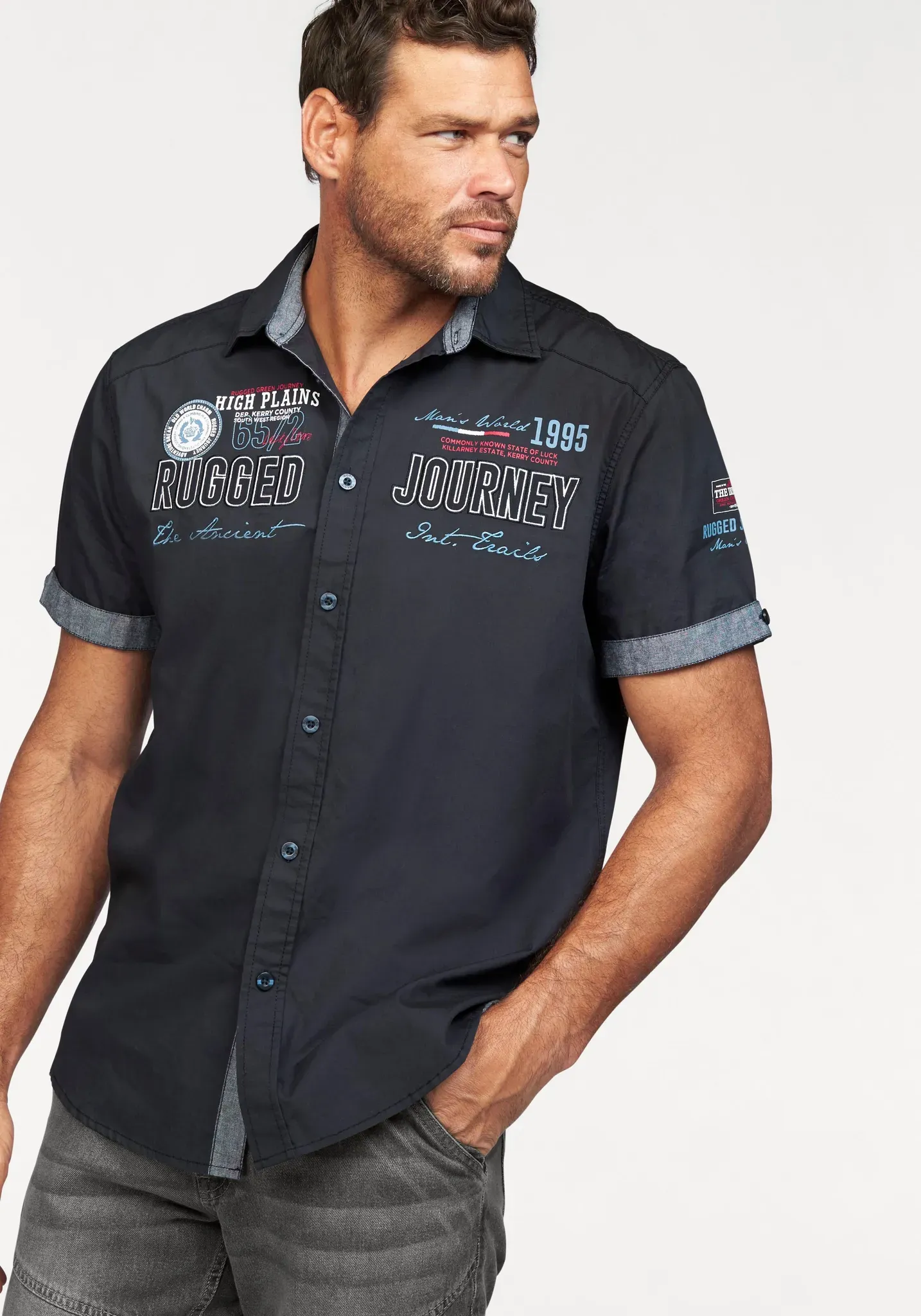 Kurzarmhemd MAN'S WORLD, Herren, Gr. 5XL (51/52), N-Gr, blau (nachtblau), Obermaterial: 100% Baumwolle, bedruckt, bequem, mit Knopf Umschlagbund, Hemden, mit Print und Aufnähern, Topseller