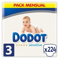 Dodot Sensitive Babywindeln, Größe 3 (6-10 kg), 224 Windeln + 40 Feuchttücher (4 x 10), aquafarben, kunststofffrei, optimaler Hautschutz Dodot , Pack Mensual
