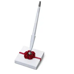 PartyDeco Stifthalter mit Kugelschreiber 8x8x16cm Stift mit Halterung Signierstift Gästebuch Hochzeit Hochzeitsstift Weiß Rot