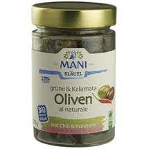 Mani Grüne & Kalamata Oliven al naturale mit Chili & Kräuter bio