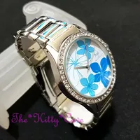 Retro Silber Blumen 5atm Wasserdicht, Exotische Blaue Hibiskusblüte Kristall Uhr