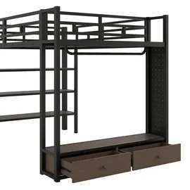 stilvora Hochbett mit offenem Kleiderschrank 140 x 200 cm Metall schwarz