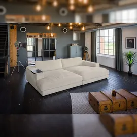 KAWOLA Big Sofa MADELINE Cord cremeweiß mit Hocker / 4 Zierkissen / Armlehntablett schwarz