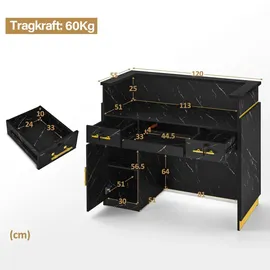 Barberpub Empfangstheke mit 3 Schubladen & 1 Schrank, Empfangstisch mit Beleuchtung, Abschließbar, Rezeptionstheke Kassentheke,R9759 (schwarz-gold)