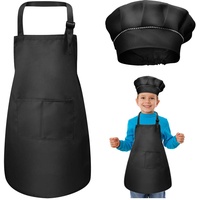 WEONE Kinder Schürze und Kochmütze Set, Kinder Einstellbare Kochschürze Kinderschürzen mit 2 Taschen für Jungen Mädchen, Kind Küchenschürzen für Küche Kochen Backen Malerei (7-13 Jahre) (Schwarz)