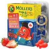 Möller's Omega 3 Kapseln für Kinder | Natürliche Omega 3 Fischtran mit Erdbeergeschmack | Mit DHA und EPA | Leicht zu kauen | Ohne Gluten, Laktose und Zucker | 36 Stück