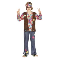 FIESTAS GUIRCA Hippie-Kostüm für Kinder, 70er-Jahre, mit Hippie-Kopfband, mehrfarbiges T-Shirt von Tie-Dye, Weste und Hose für Kinder von 10-12 Jahren