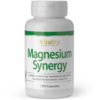 Magnesium Synergy 3-Fach Power: Magnesium Citrat, Magnesium Glycinat, Magnesium Malat (120 Kapseln) Muskeln Energie Stoffwechsel Magnesium Kapseln 300 mg Vitality Nutritionals by Vitaminexpress