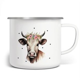 miKalino Emaille Tasse Mädchen - Trinkbecher Kinder personalisiert - Emaille Becher mit Kuh-Motiv - Kindertasse mit Namen - Kindertasse bedruckt - Emaille Becher Weiß,Ohne Name