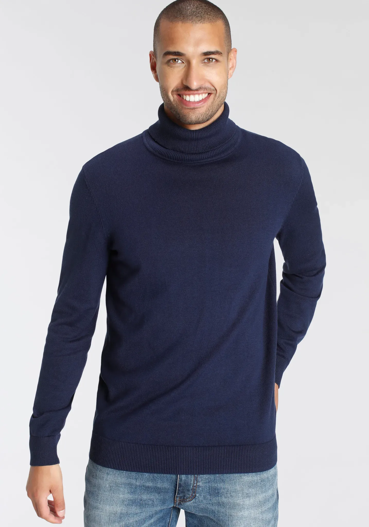 Rollkragenpullover AJC, Herren, Gr. XXL (60/62), blau (marine), Feinstrick, Obermaterial: 50% Baumwolle, 50% Polyacryl, unifarben, Basic, schmal, Rippstrickbündchen, Pullover Rollkragenpullover, mit Rollkragen aus Rippstrick