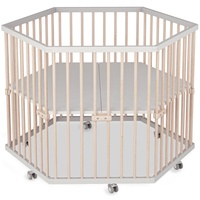 Sämann Laufstall Baby 6-eckig | Hexagon | stufenlos höhenverstellbar | Laufgitter Premium | Babybett aus Holz | Krabbelgitter weiß/natur