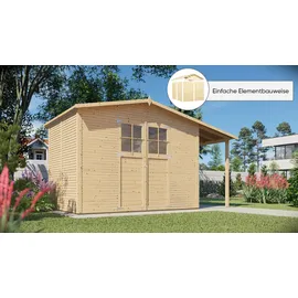 Konifera Gartenhaus KONIFERA "Alto 4 PLUS Fineline Satteldach", beige (naturbelassen), ohne Fußboden, ohne Rück- und Seitenwand, Holzwerkstoff, Gartenhäuser, mit Anbaudach