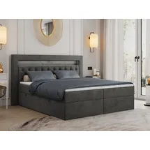MKS Meble Boxspringbett 140x200 mit Led, Polsterbett 140x200 mit LED Kopfteil - Multipocket-Matratze H3 - Doppelbett mit Bettkasten Stauraumbett, GOLD-6 - 14... - Dunkelgrau